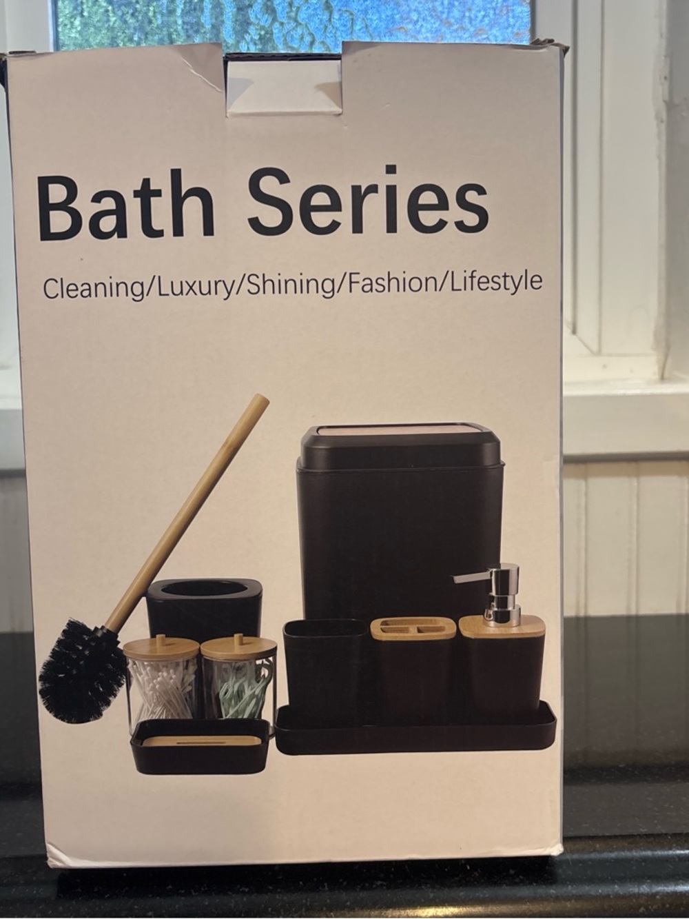 Black Bathroom Accessory Set with Bamboo Accents